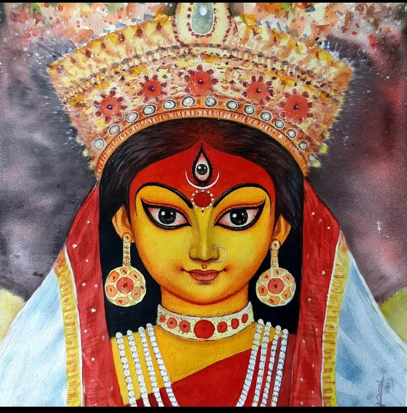 Divine Durga: Golden-Faced Goddess in Crimson Glory