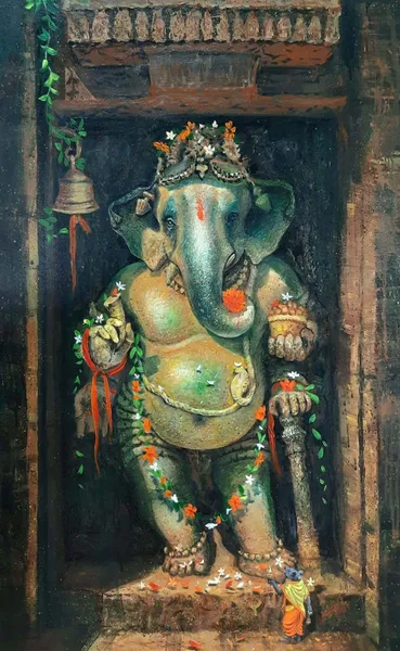 Sacred Temple Guardian: Ganesha in Emerald Repose