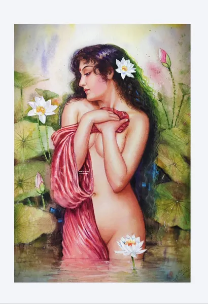 Lotus Reverie: Woman Among Water Flowers