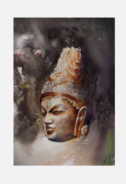 Serene Buddha Head in Watercolor Mist
