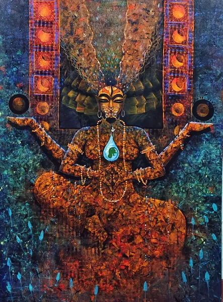 Divine Radiance: Multi-Armed Goddess in Golden Splendor