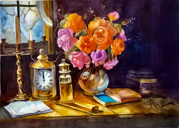 Golden Hour Study: Roses, Clock & Candlelight