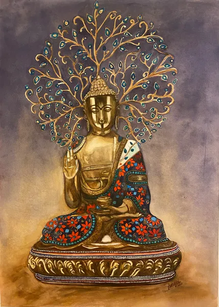 Golden Buddha with Peacock Halo