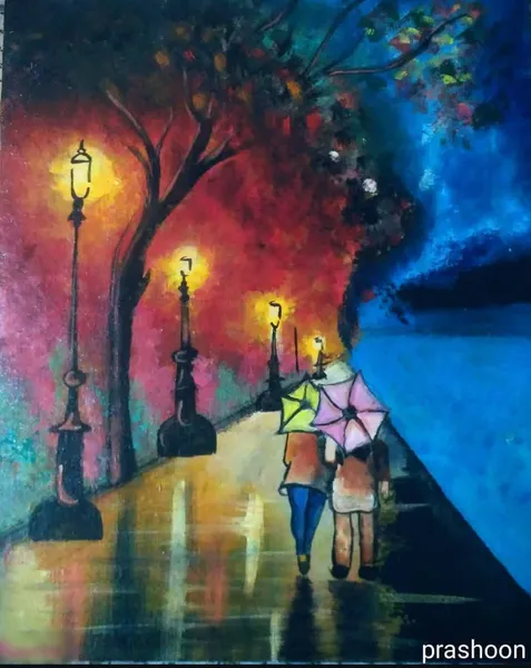 Rainy Night Dreams: Umbrellas Under Glowing Lamps