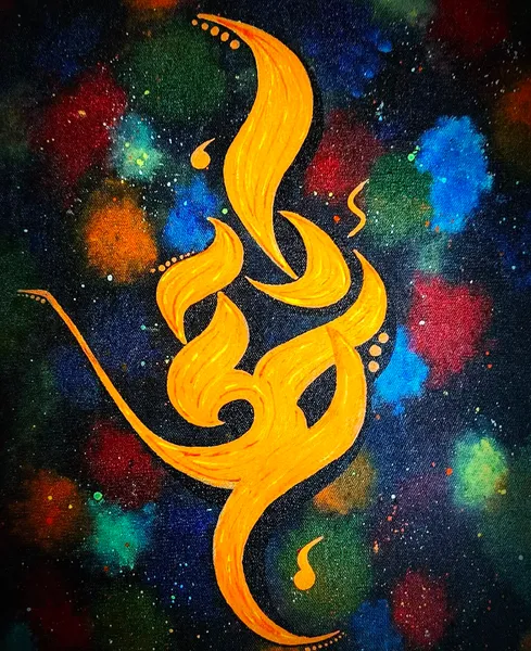 Cosmic Fire Dance: Golden Flames in Starlit Void