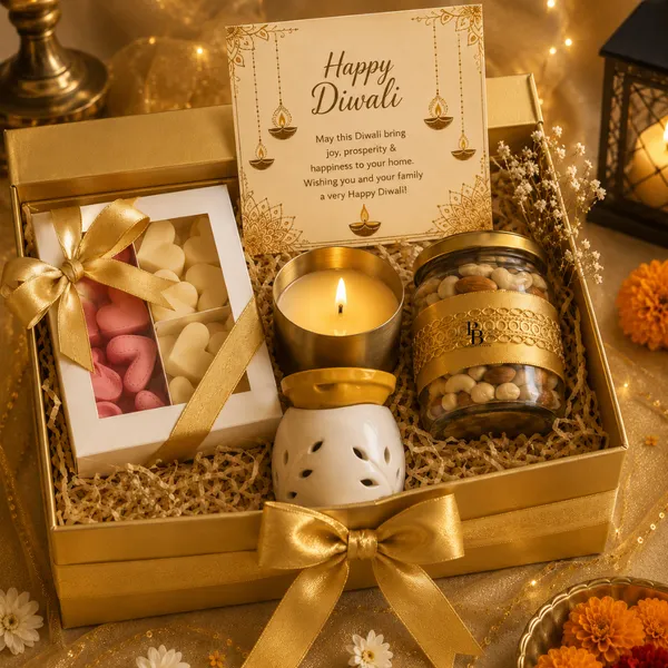 Golden Diwali Celebration Hamper with Candles & Sweets