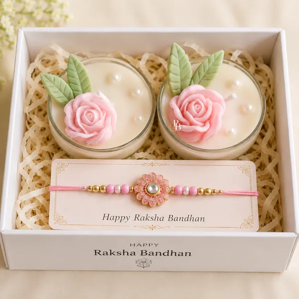 Floral Rose Rakhi Gift Set with Scented Candles