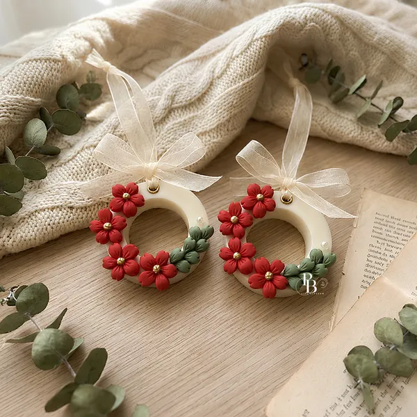 Crimson Floral Heart Ornaments with Eucalyptus