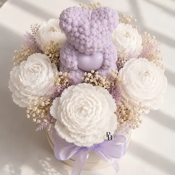 Lavender Rose Bear Floral Candle Arrangement
