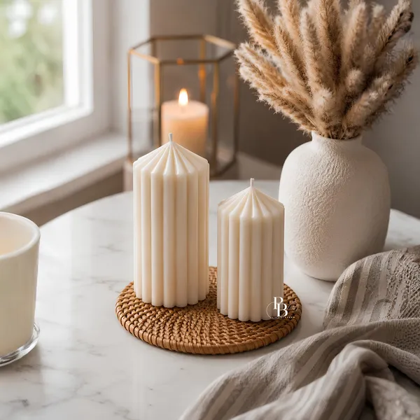 Minimalist Ribbed Pillar Candles on Woven Base