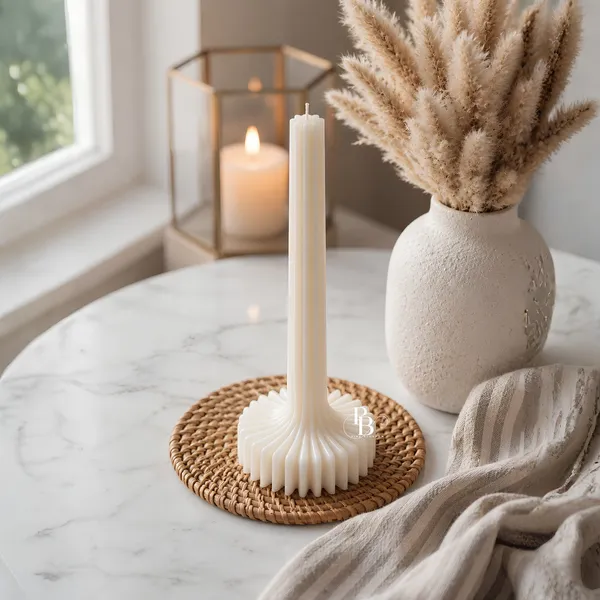 Minimalist Ribbed Pillar Candle with Pampas Grass