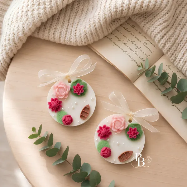 Floral Garden Ceramic Ornaments with Silk Ribbons