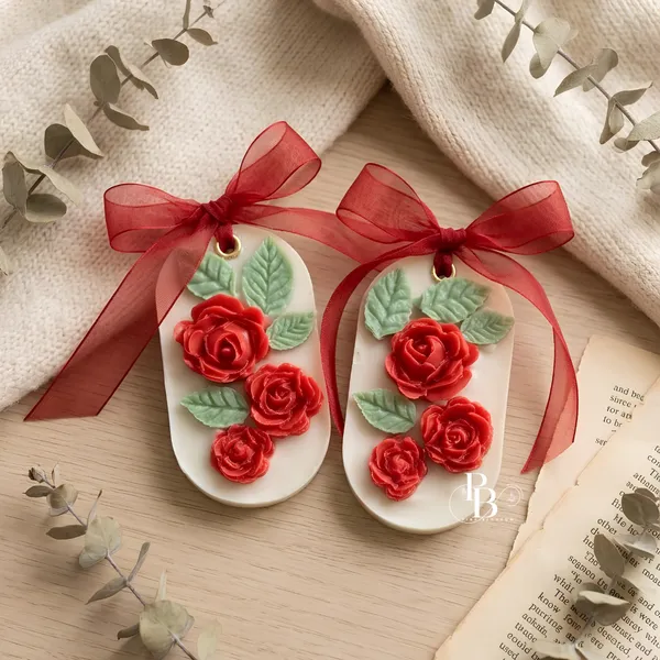 Crimson Rose Ceramic Ornaments with Silk Ribbons