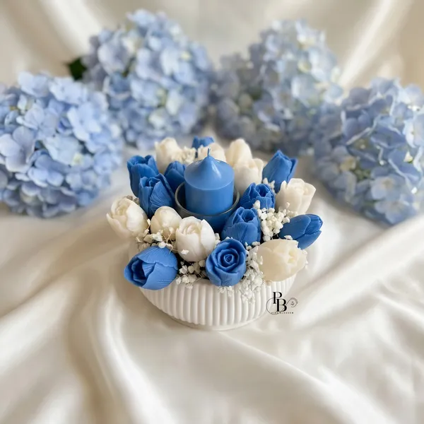 Azure Dreams Candle Garden with Ivory Tulips