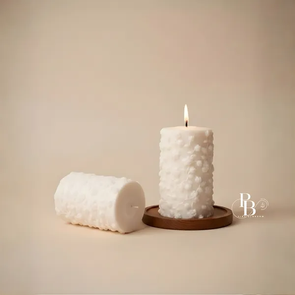 Embossed Botanical Pillar Candles with Wood Base