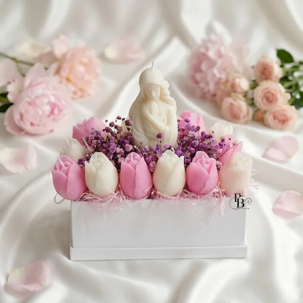 Ethereal Madonna: Pink Tulip Prayer Candle Arrangement