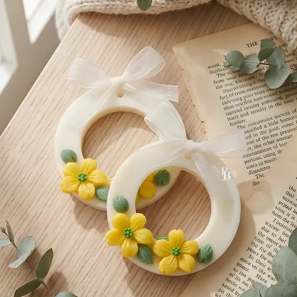 Yellow Blossom Ceramic Ornament Pair with Silk Ribbons