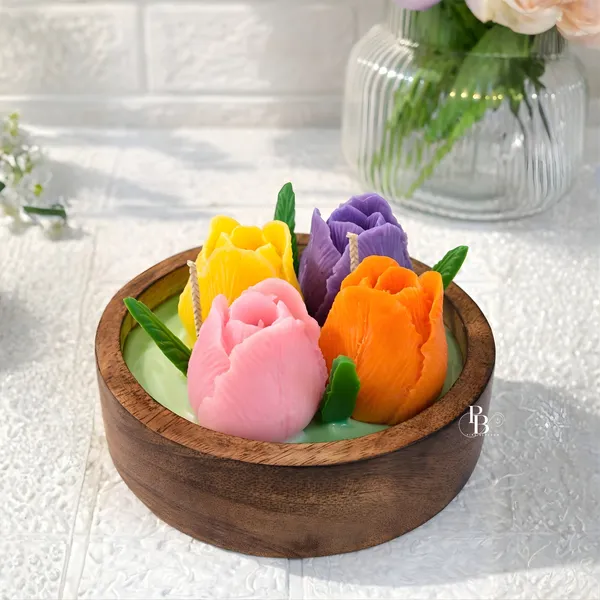 Rainbow Tulip Wax Candle Bowl Garden