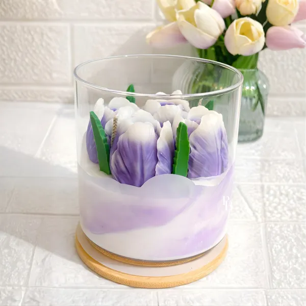 Purple Tulip Garden Wax Candle with Wooden Lid