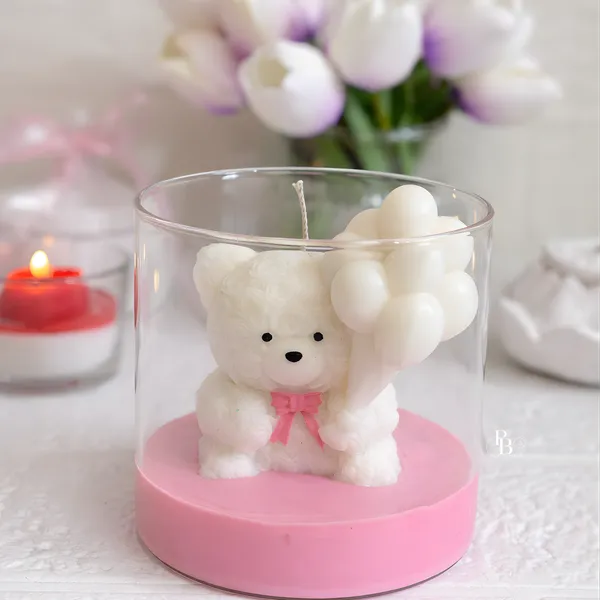 Fluffy Bear Companion Wax Candle with Pink Bow