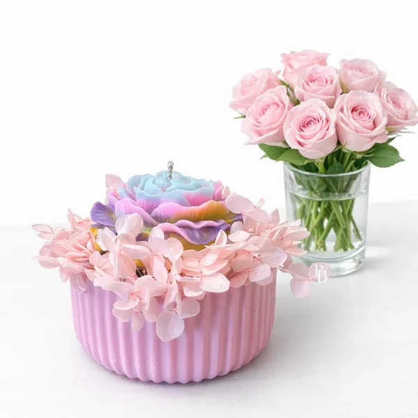 Rainbow Gradient Rose Candle with Hydrangea Blooms