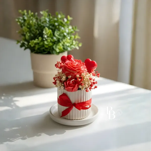 Crimson Rose Silk Ribbon Decorative Wax Arrangement