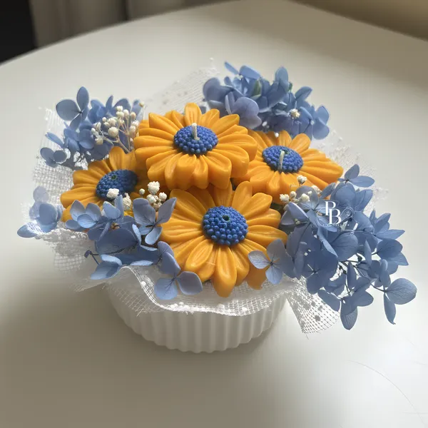 Blue Hydrangea & Golden Daisy Wax Bloom