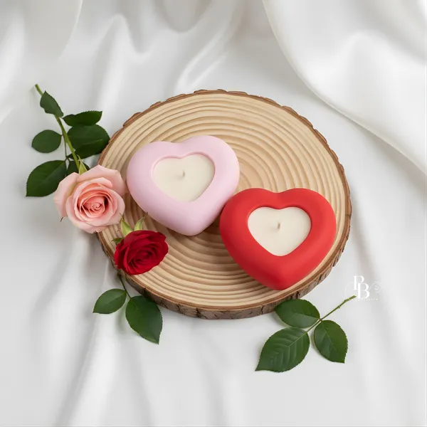 Romantic Heart Candle Duo on Wooden Base