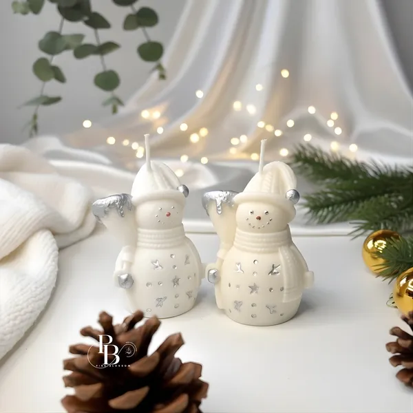 Celestial Snowman Candles with Silver Accents