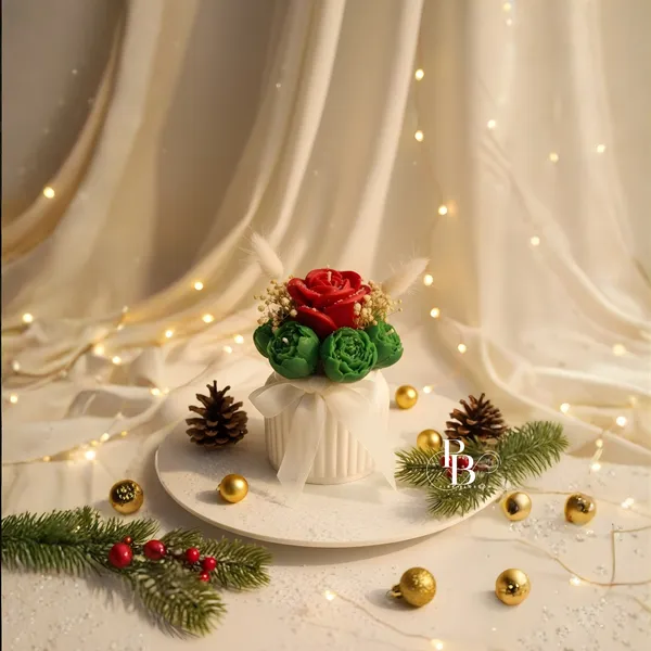 Festive Elegance: Red Rose & Green Peony Tiered Candle
