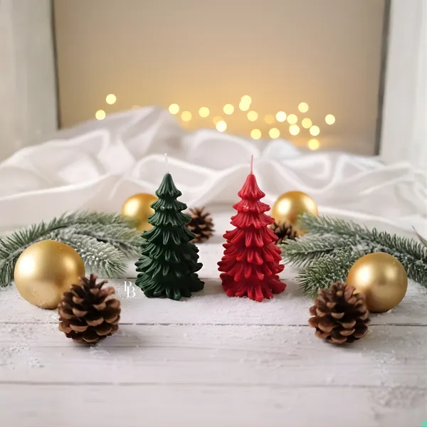 Festive Forest: Tiered Tree Candles with Golden Ornaments