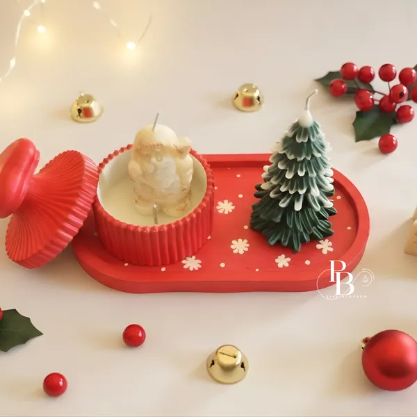 Festive Ceramic Candle Tray with Christmas Tree