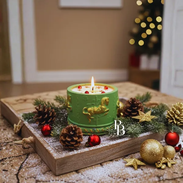 Festive Green Ceramic Candle with Golden Reindeer