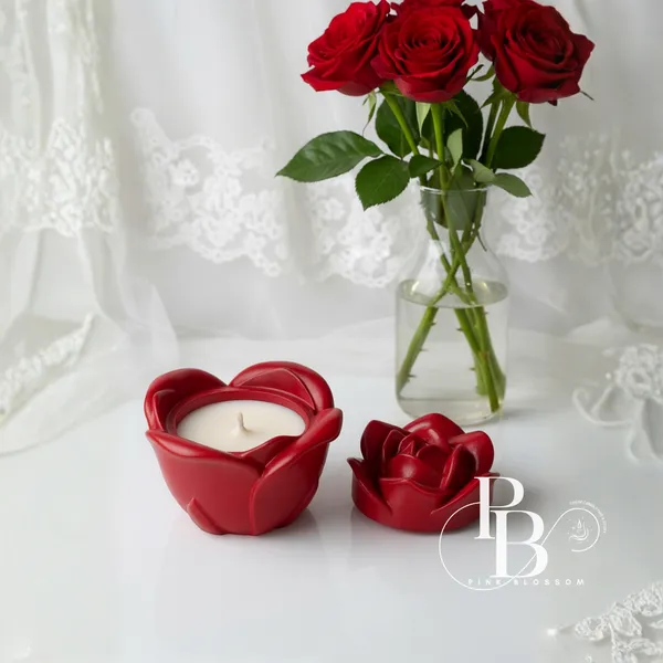 Crimson Rose Blossom Candle Duo with Floral Arrangement