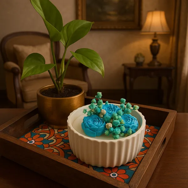 Turquoise Bloom Decorative Floral Wax Candle