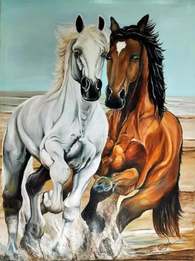 Windswept Elegance: Two Horses in Coastal Dance