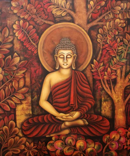 Buddha's Serenity: Golden Meditation Among Sacred Blossoms