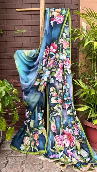 Midnight Bloom: Floral Symphony on Indigo Saree