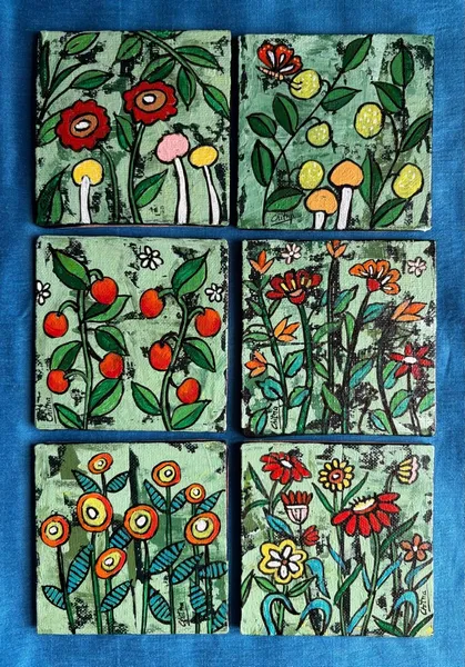 Canvas Board Coasters: Whimsical Flower Canvas - Set of 6.
