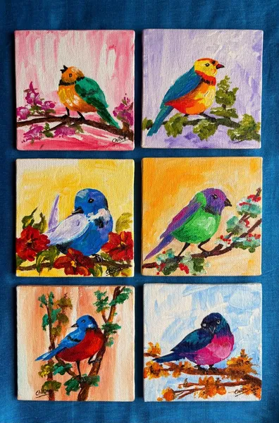 Colorful Birds Coasters on Canvas – Set of 6