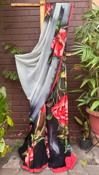 Crimson Blooms on Midnight – Handwoven Saree