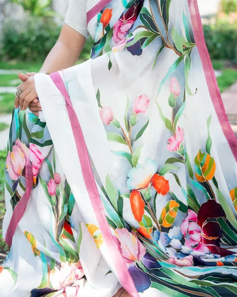 Botanical Garden Silk Saree with Floral Watercolor Saree