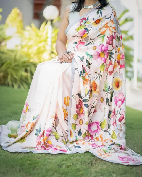 Garden's Whisper: Floral Hand-Painted Saree