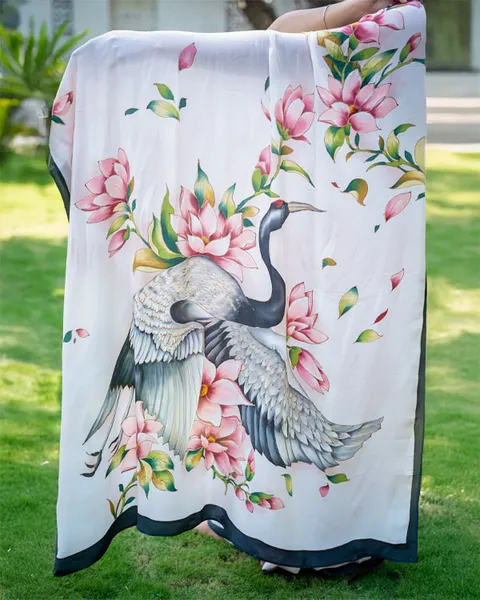 Crane in Bloom: A Dance of Wings and Petals Saree