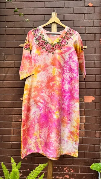 Blooming Sunset Tie-Dye Kurti with Floral Embroidery