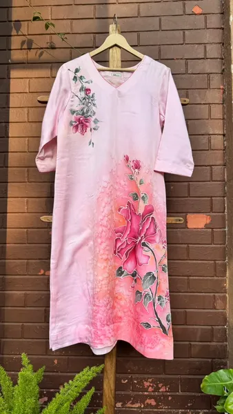 Blooming Rose Garden Kurti - Hand-Painted Floral