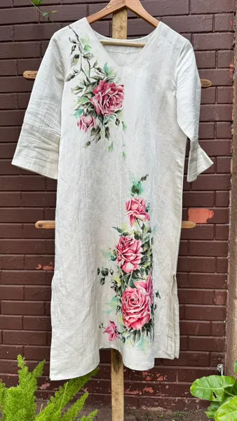 Blooming Garden Linen Kurti with Watercolor Roses