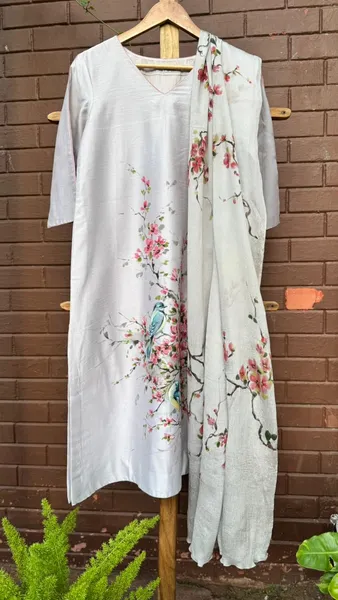 Blossoms in Flight: Hand-Painted Linen Kurti