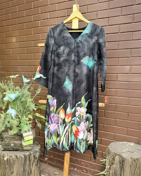 Midnight Garden: Hand-Painted Floral Kurti
