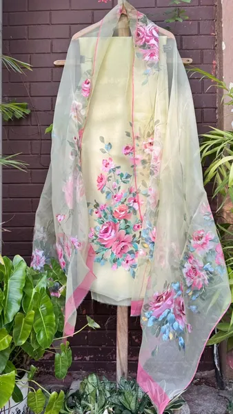 Pink Rose Garden Silk Shawl with Floral Cascade